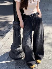 DAZY Women's Loose Fit All-Over Leopard Print Korean Style Casual Wide Leg Jeans