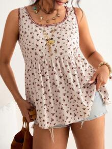 Freevana 大码早春新款碎花方领吊带背心，右侧竖纹面料+收腰喇叭无袖上衣，复古碎花修身外套或内搭衬衫，女士 - 淺粉色 - 查看 1