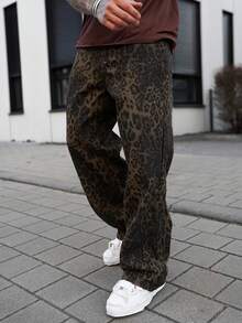 Artur Kramer Men Denim Jeans With Leopard Print, Retro Fashion Casual Loose Straight Leg Pants, Grunge - Brown - View 1