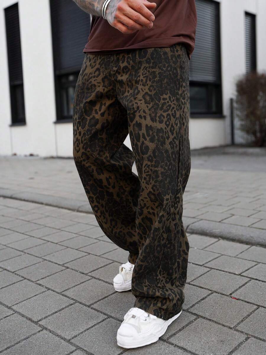 Artur Kramer Men Denim Jeans With Leopard Print, Retro Fashion Casual Loose Straight Leg Pants, Grunge - Brown - View 1