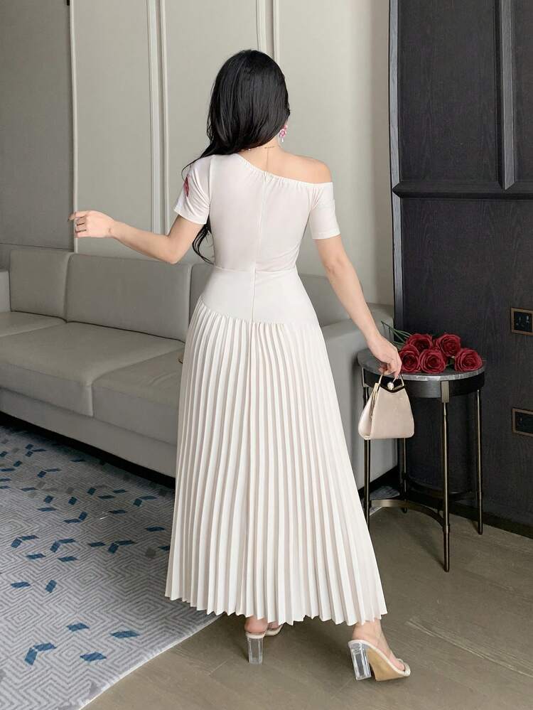 Women's Elegant Printed Pleated Asymmetric Shoulder Dress, Summer Wedding Guest Dress Sundress