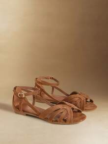 Rosivie Summer New Women Brown Suede Woven Lace-Up Sandals, Thin Strap Wrapped Peep Toe High Heel Roman Shoes, Fashionable For Commuting And Party Valentine's Day - Brown - View 3