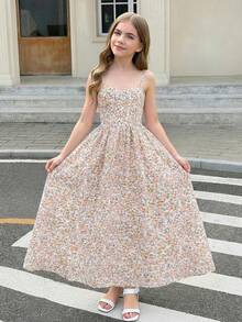 SHEIN 少女碎花无袖中长连衣裙，浅粉色 - 淺粉色 - 查看 7