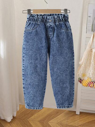 SHEIN New Arrival Young Girls Cocoon-Shaped Jeans, Vintage Dark Blue Wash, Ruched Waistband Cocoon Fit, Soft & Comfortable Fabric, Versatile Daily Fashion, Girls Jeans Suitable For All Seasons