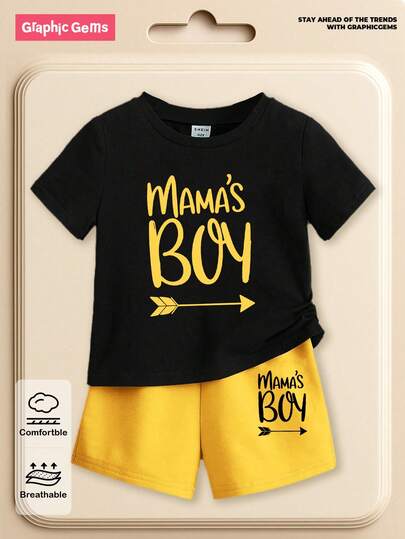 SHEIN GraphicGems 男婴字母印花短袖T恤和短裤套装