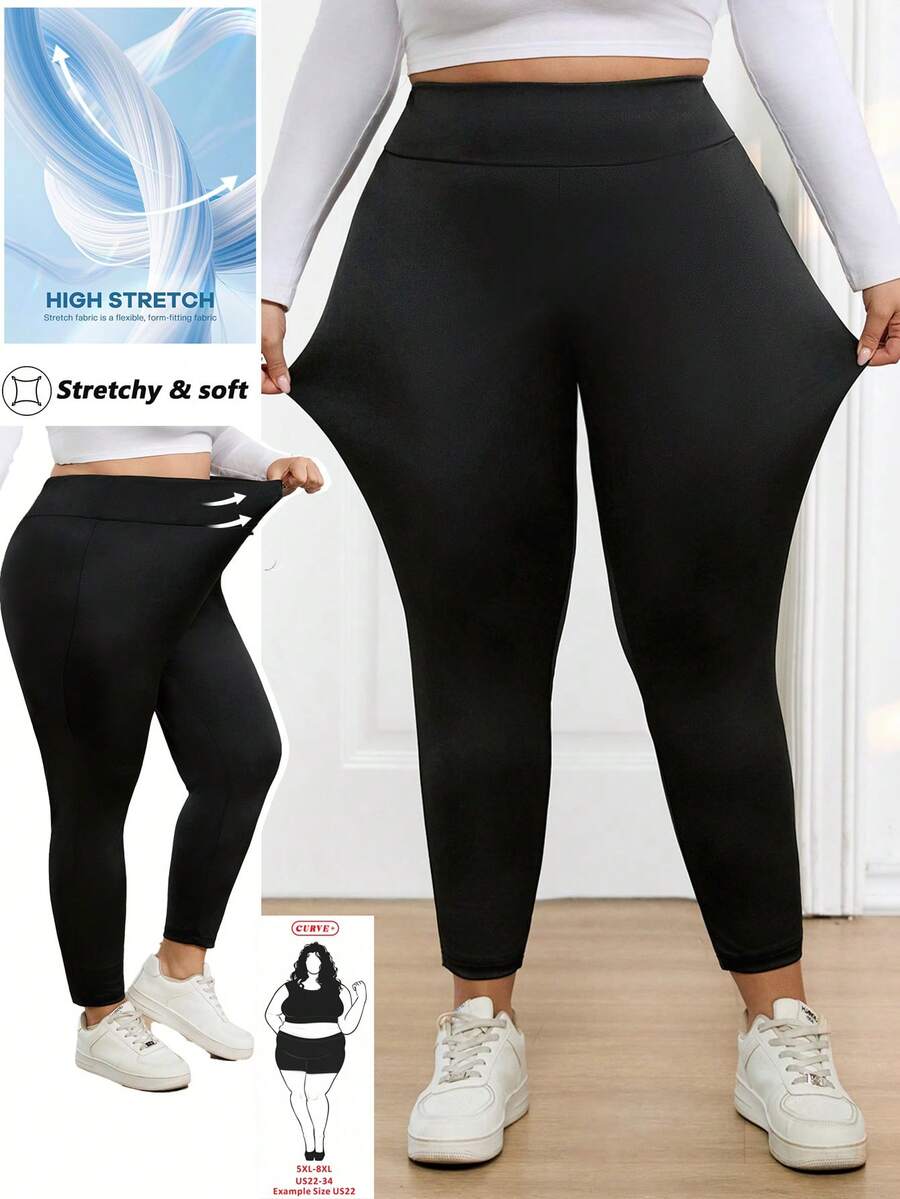 SHEIN CURVE+ Plus Size Women's Sequined High Elasticity Tight Leggings - Black - View 1