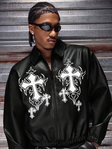 AXEPEAK Men's Casual Fashion Street Cross Print Zip-Up Jacket, Autumn - Black - View 4