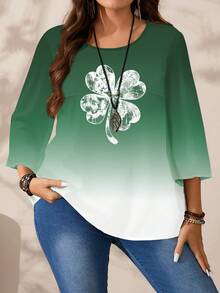 EMERY ROSE Camisa holgada de manga 3/4 con cuello redondo y estampado de trébol degradado para mujer talla grande - Multicolor - Ver 3