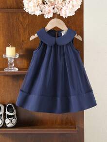SHEIN Baby Girl Cute Preppy Style Navy Blue Peter Pan Collar Loose Dress - Navy Blue - View 5