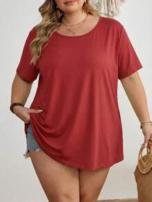 SHEIN CURVE+ Áo thun tay ngắn cổ tròn màu trơn cỡ lớn, kiểu dáng thường ngày, đa năng. - Gỗ đỏ - Xem 6