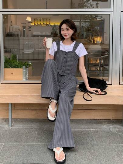 DAZY 女士条纹梭织吊带裤两件套，韩版