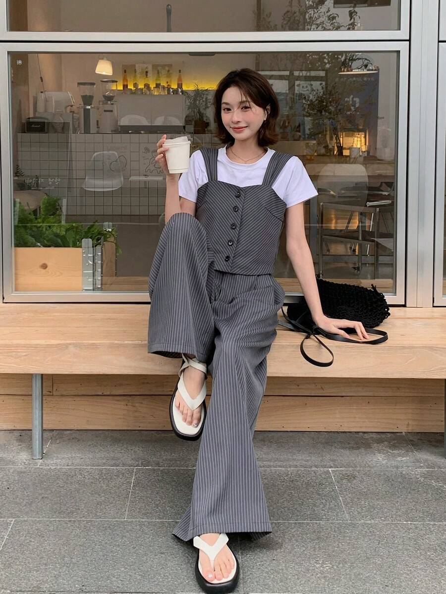 DAZY 女士条纹梭织吊带裤两件套，韩版 - 灰色 - 查看 1