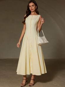 Aveloria Rosie 浅黄色条纹撞色无袖中长连衣裙，精致纽扣设计，挺括百褶裙摆，简约优雅风格，A字裙，亚麻面料，轻盈透气，适合春夏穿着，约会装，办公装 - 黃色 - 查看 3