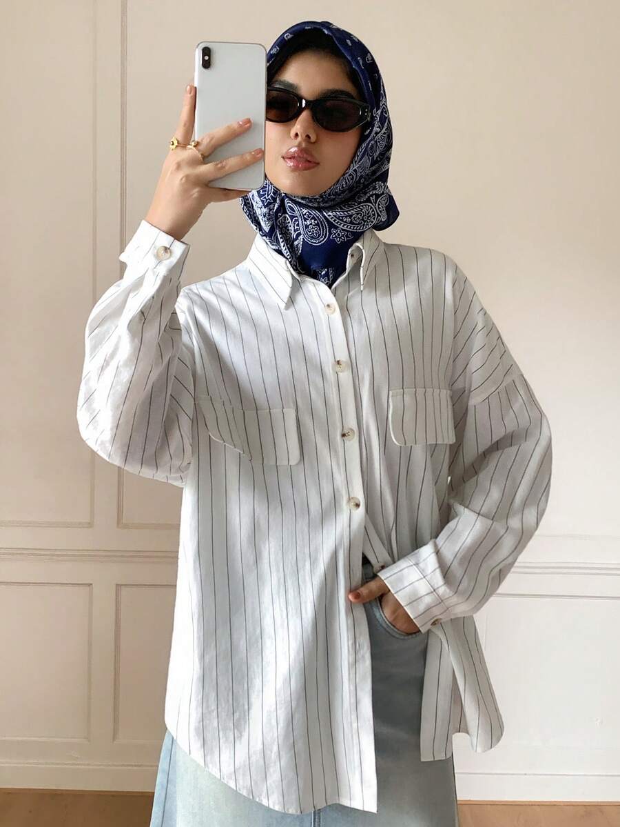 Veilorie Women's Casual Commuter Striped Long Sleeve Shirt - Black and White - View 1