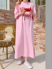 DAZY 女士夏季休闲长款T恤连衣裙，字母印花，圆领落肩设计 - 粉色 - 查看 5