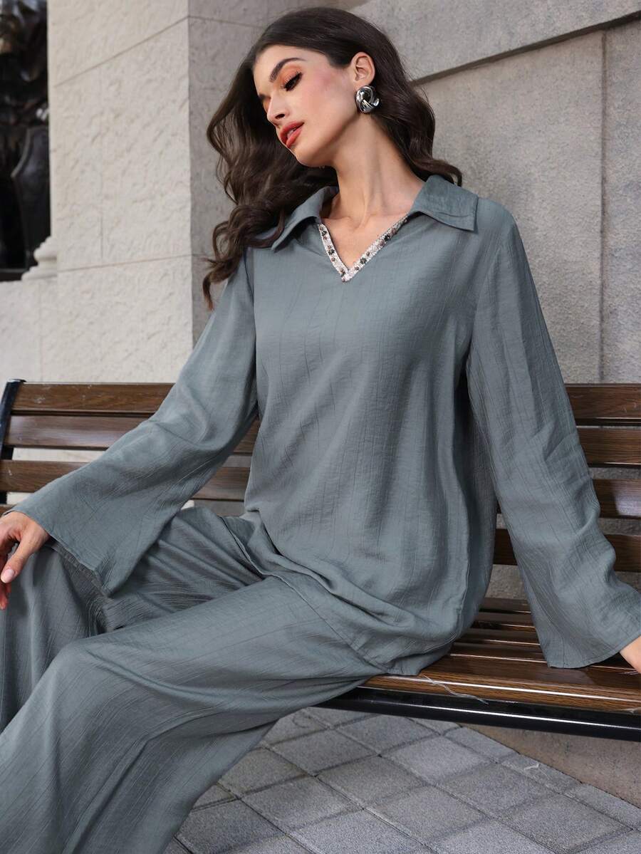 Mulvari Stylish Women's Teal Blue Plain Regular Sleeve Split Collar Woven Fabric Blouse For Everyday Wear - Teal Blue - View 1