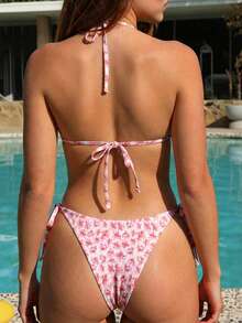Swim Mod Set Bikini Motif Bunga Putih Musim Semi/Panas 2026, Bikini Segitiga Ikat Samping yang Lucu, Pakaian Renang Pantai Populer untuk Pesta Kolam Renang - Berwarna merah muda - View 2