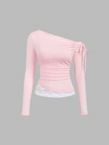 SHEIN Sweetro Women's Halloween Outfit, Thanksgiving Outfit, New Year Outfit, Suitable For Party, Commute, Daily, Travel, Vacation. Pink Top With White Lace Asymmetrical Hem, Ribbon Tie Bow Design, Cute Pleated Fitted Slanted Shoulder Long Sleeve Top