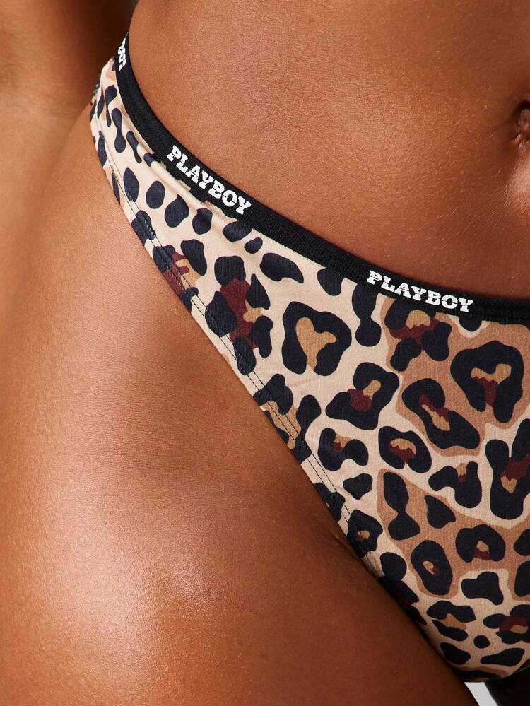 Missguided x Playboy Leopard Print Thong With Elastic Tape Detailing And Logo Branding Intimate Underwear Bottom