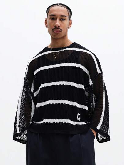 SUMWON Randig stickad tröja i nät med horisontella ränder och rund halsringning, långärmad, överdimensionerad passform, höst/vinter, avslappnad, streetwear