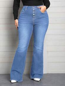 EMERY ROSE Plus Size Women Elastic Waist Jeans, Multiple Button Design Skinny Flare Pants - Light Wash - View 1