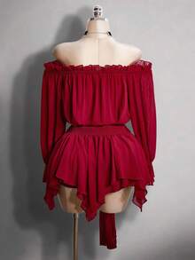 SHEIN ICON 大码女式纯色露肩喇叭袖系腰时尚连衣裙 - 酒紅色 - 查看 2