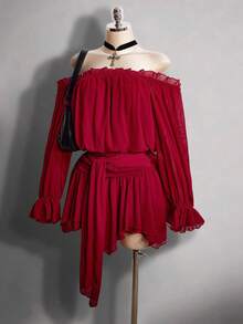 SHEIN ICON 大码女式纯色露肩喇叭袖系腰时尚连衣裙 - 酒紅色 - 查看 4