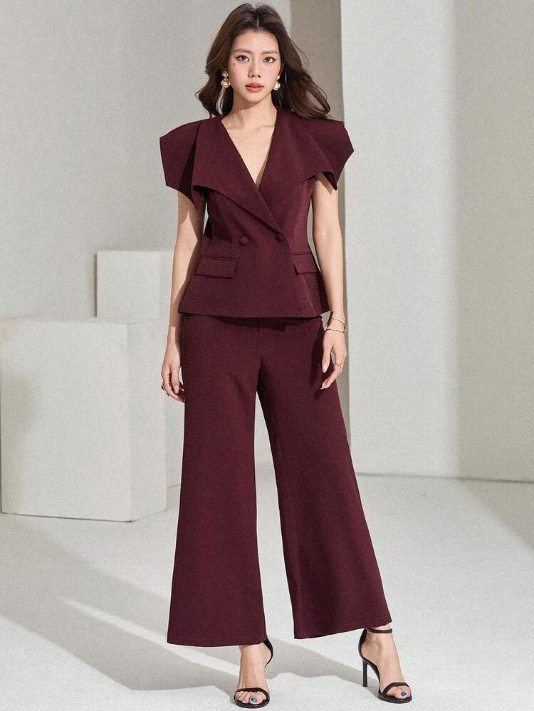 Women's Casual Solid Color Lapel Jacket And Wide Leg Pants Suit, Spring/Summer,Wedding Guest Dress Women