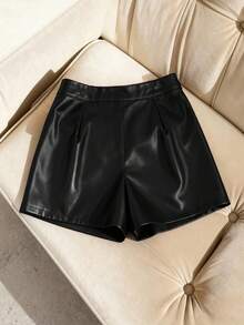SHEIN Franclia Women's Solid Color Button Design Pocket Fashion PU Shorts - Black - View 2