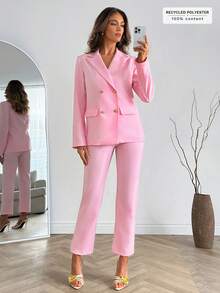 EURMUSE Women's Pink Double Breasted Suit Set With Gold Detailed Button - Pink - View 1