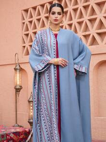 SHEIN Najma Printed Patchwork Hook Closure Long Sleeve Flared Women's Abaya - Blue - View 8
