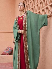 SHEIN Najma Elegant Ribbon Patchwork Long Sleeve Flared Women's Abaya - Green - View 9