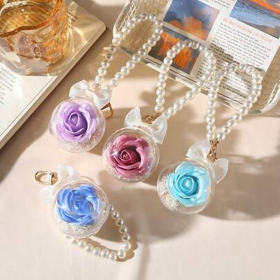 1pc Stylish And Luxurious Rose Keychain With Pearl Bow, Exquisite Car Keychain Accessory.