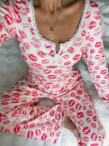 Dream Adore Lace Trim Square Collar Red Lip Print Jacquard Knit Long Sleeve Pajama Set - Beige - View 8