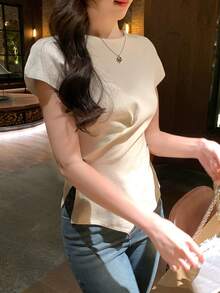 DAZY 女士不对称设计冰丝短袖针织T恤，收腰修身吊带背心，夏季新款 - 白色 - 查看 6