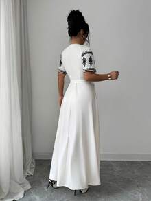 Elenzga Women's Fashion Notched Neck Cutout Waist Belt Retro Print Midi Dress, Summer - Multicolor - View 2