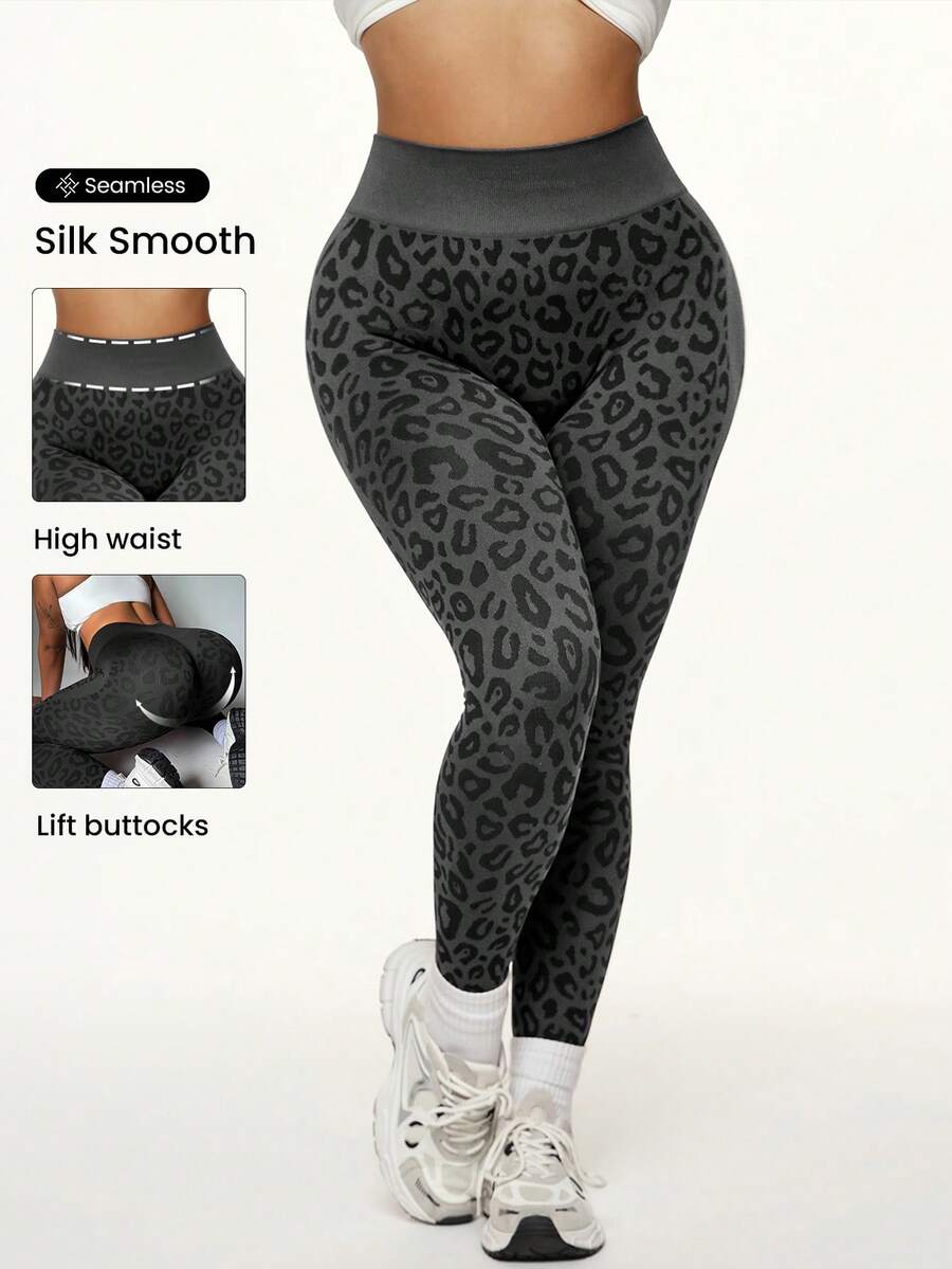 SHEIN Sports 大码女式豹纹提花高腰打底裤 - 深灰色 - 查看 1