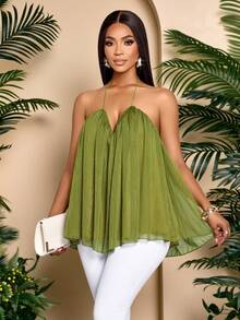 SOLERSUN Women's Elegant Deep V Neck Sparkly Fabrics Draped Spaghetti Straps Layered Camisole Tank Top