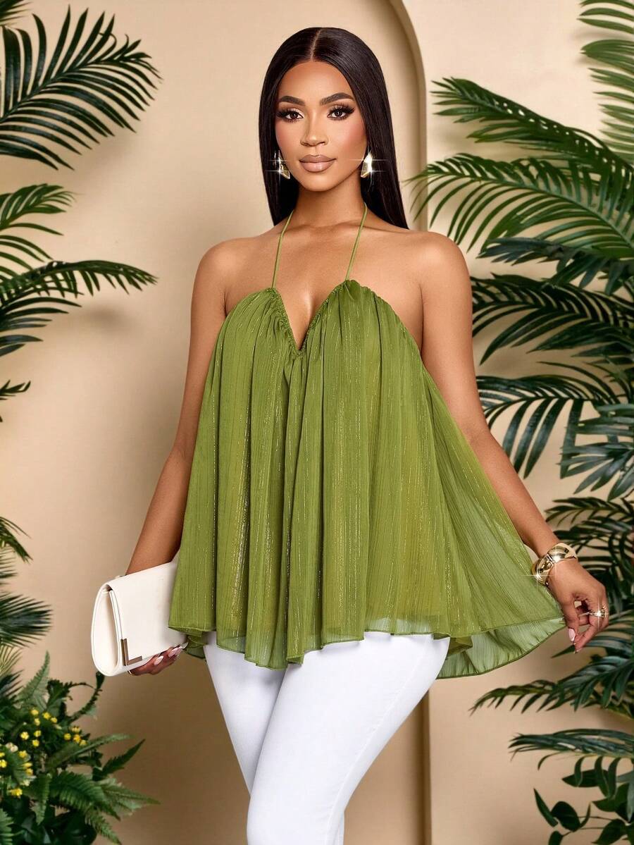 SOLERSUN Women's Elegant Deep V Neck Sparkly Fabrics Draped Spaghetti Straps Layered Camisole Tank Top - Olive Green - View 1