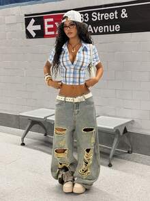 SHEIN HypeZone Women's Spring/Summer Streetwear, 2000s Style Striped, Plaid, Printed, Lace - Baby Blue - View 2