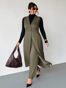 Firerie Plus Size Women Long Sleeveless Blazer Suit In Fall/Winter - Khaki - View 1