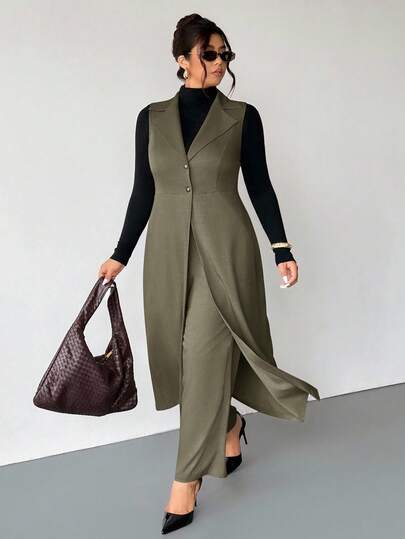 Firerie Plus Size Women Long Sleeveless Blazer Suit In Fall/Winter