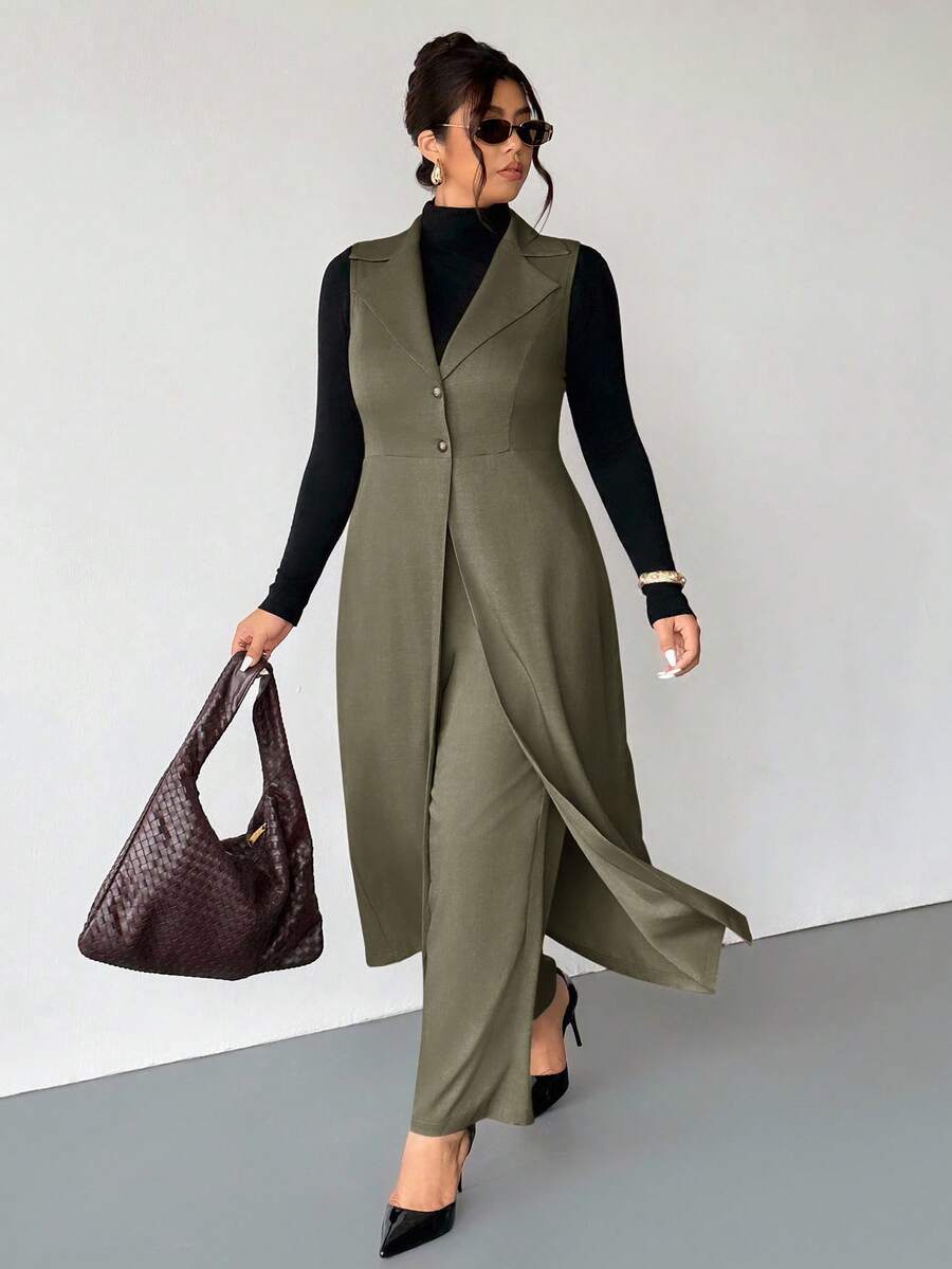 Firerie Plus Size Women Long Sleeveless Blazer Suit In Fall/Winter - Khaki - View 1
