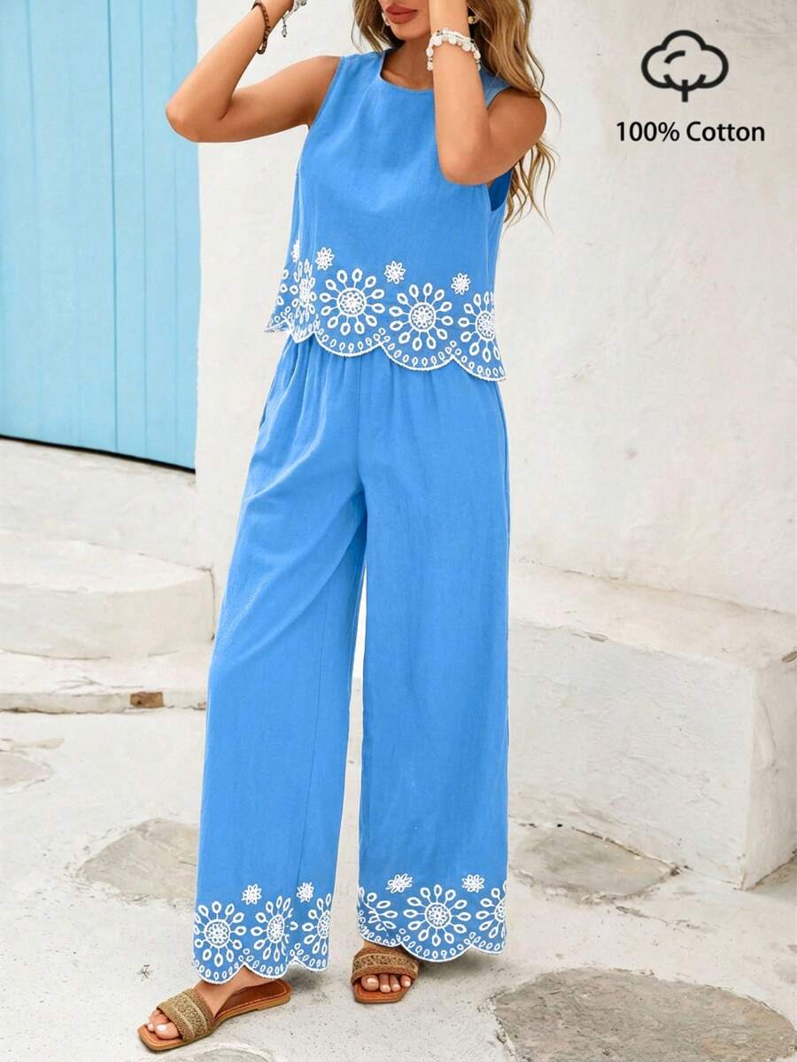 Vivid Eden Damen Blumen Stickerei Rundhals Trägerhemd und weite Hose Lässig 2-teiliges Set - Blau - Übersicht 1