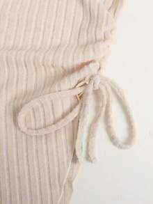 SHEIN Tween Girls Knitted Apricot Ribbed Texture Cropped Asymmetrical Hem Fitted Waist Versatile T-Shirt Top - Apricot - View 5