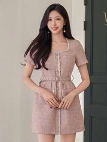 DAZY 女士优雅撞色拼接仿口袋系带夏季迷你连衣裙婚礼宾客礼服 - 粉色 - 查看 5