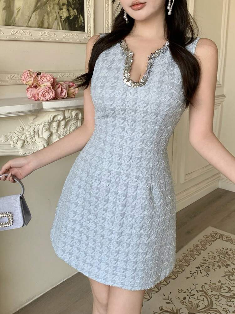 Women's Elegant Sequin Patchwork Sleeveless Mini Dress, Summer Wedding Guest Dress Sundress Cocktail Dress