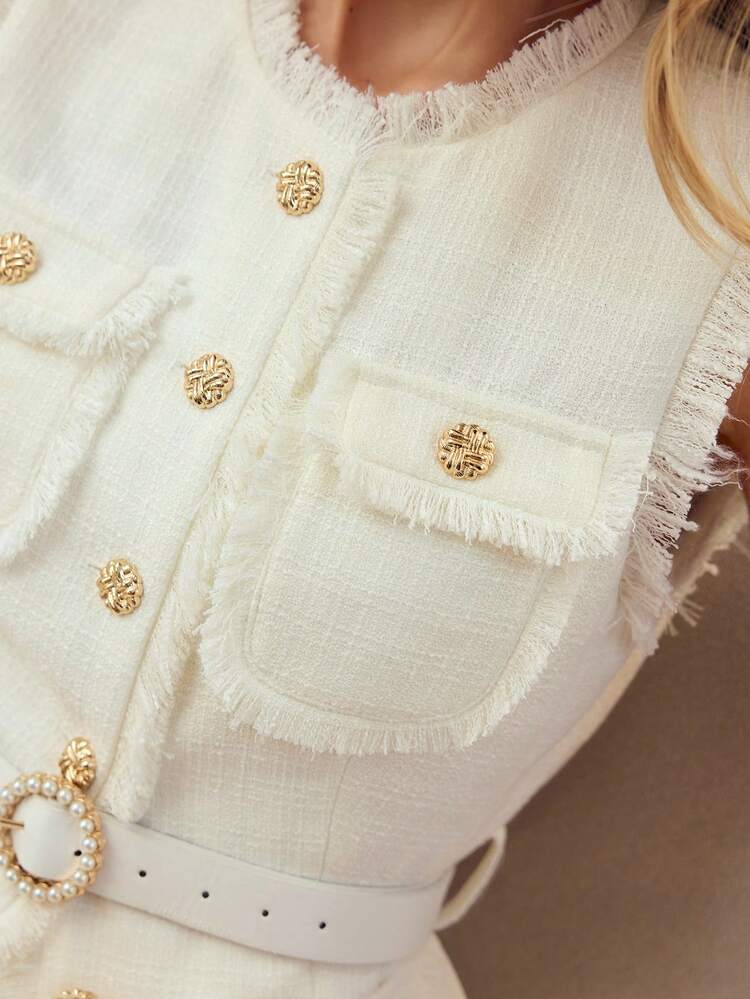 WOMEN'S ELEGANT METAL BUCKLE SLEEVELESS BELTED REGULAR COAT, WHITE, SPRING/SUMMER