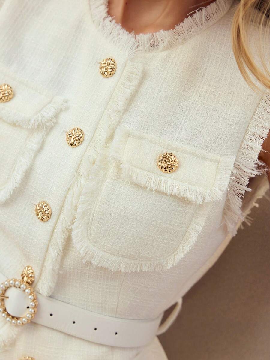 MOTF PREMIUM WOMEN'S ELEGANT METAL BUCKLE SLEEVELESS BELTED REGULAR COAT, WHITE, SPRING/SUMMER