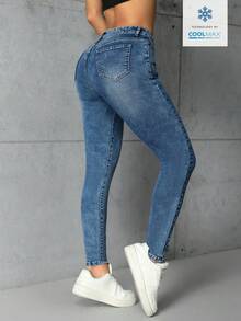 Rivivi 女士纯色简约日常牛仔裤 - 中等水洗藍 - 查看 2